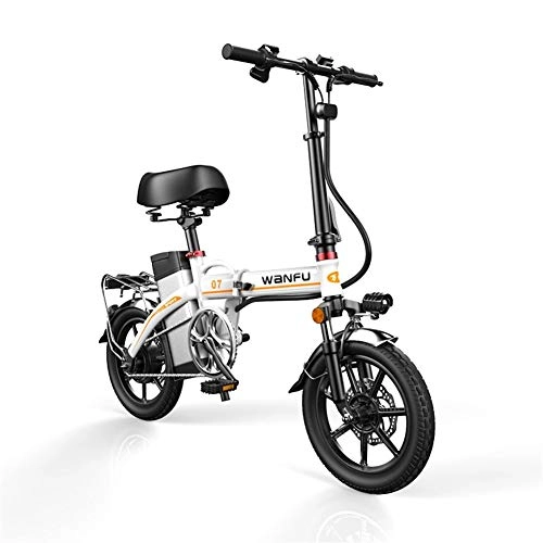 Electric Bike : Electric Bicycle Adult Waterproof Foldable Portable Bikes Detachable Lithium Battery 48V 400W Adults Double Shock Absorber Bikes with 14 inch Tire Disc Brake and Full Suspension Fork ( Color : White )