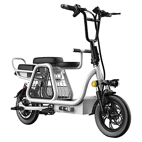 Electric Bike : Electric Bike 12" Commuter E-Bike 48V 350W Brushless Motor 15Ah Lithium Battery Disc Brake and EABS Three Seats Dual Shock Absorber Large Storage Space for Shopping and Pets, White