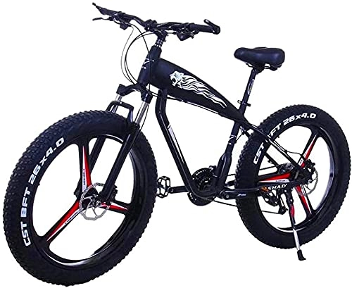 Electric Bike : Electric Bike 26 Inch 21 / 24 / 27 Speed Electric Mountain Bikes With 4.0" Fat Snow Bicycles Dual Disc Brakes Brakes Beach Cruiser Men Sports Ebikes (Color : 10Ah, Size : BlackA)