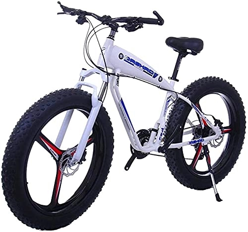 Electric Bike : Electric Bike 26 Inch 21 / 24 / 27 Speed Electric Mountain Bikes With 4.0" Fat Snow Bicycles Dual Disc Brakes Brakes Beach Cruiser Men Sports Ebikes (Color : 10Ah, Size : White)