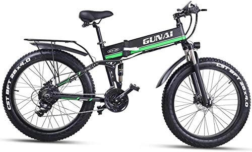 Electric Bike : Electric Bike 26 Inches Folding Fat Tire Snow Bike 12Ah Li-Battery 21 Speed Beach Cruiser Mountain E-bike with Rear Seat, Colour:Green (Color : Green)