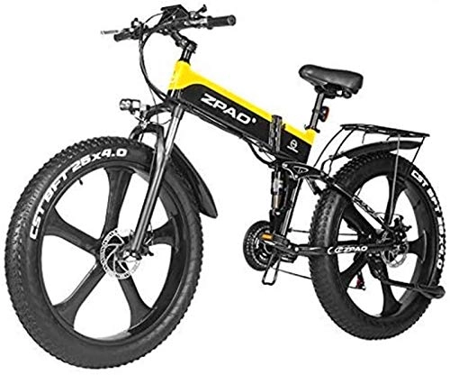 Electric Bike : Electric Bike 48V 1000W Electric Bike Electric Mountain Bike 26inch Fat Tire E-Bike 21 Speeds Beach Cruiser Mens Sports Mountain Bike Lithium Battery Hydraulic Disc Brakes (Color : Yellow)