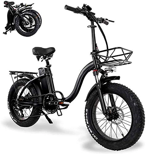 Electric Bike : Electric Bike Electric Mountain Bike Folding Electric Bikes for Adults with 48V 15AH Large Capacity Lithium-Ion Battery 20 In Fat Tire Electric Bicycle with Car basket Mini Small Aluminum Alloy Scoote
