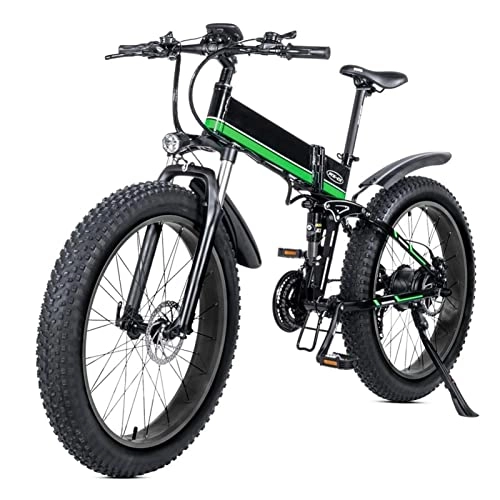 Electric Bike : Electric Bike Foldable for Adults 1000w Electric Mountain Bicycle 26 Inch Fat Tire Folding Electric Bike with Lcd Display 48v Removable Lithium Battery Ebike (Color : Green)