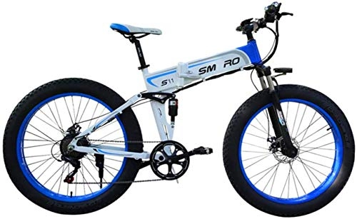 Electric Bike : Electric Bikes, 26 Inches Folding Fat Tire Electric Bike, 350W Motor Adult Electric Mountain Bike Removable 48V / 10Ah Battery 7 Speed Aluminum Frame, E-Bike (Color : White blue)