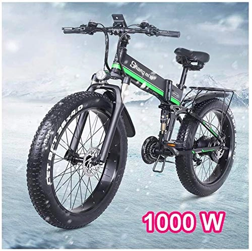 Electric Bike : Electric Bikes, 48V 1000W Electric Bike 12.8AH 26x4.0 Inch Fat Tire 21speed Electric Bikes Foldable for Adult Female / Male for Outdoor Cycling Work Out, E-Bike (Color : Green, Size : 48V12.8Ah)