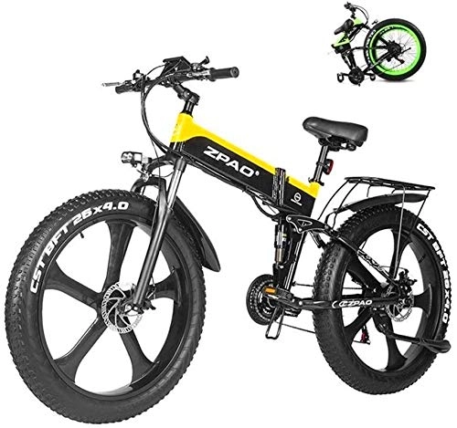 Electric Bike : Electric Bikes, Electric Mountain Bike 26 Inches 1000W 48V 12.8ah Folding Fat Tire Snow Bike E-bike Pedal Assist Lithium Battery Hydraulic Disc Brakes For Adult, E-Bike (Color : Yellow)