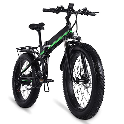Electric Bike : Electric Bikes for Adults 1000w 30 Mph Foldable Electric Bike 26 Inch Fat Tire 48v Lithium Battery Mens Mountain Bike Snow Bike (Color : Green)