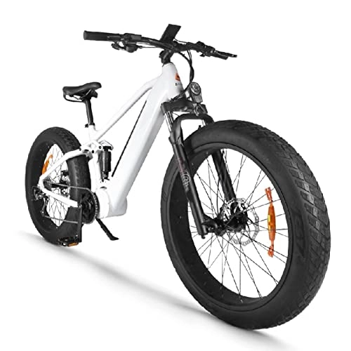 Electric Bike : Electric Bikes for Adults Electric Bike 1000W 48V for Adults 40MPH 26 Inch Full Suspension Fat Tire Electric Bicycle Hidden Battery 9 Speed Mid Motor Mountain Ebike (Color : White, Gears : 9 Speed)
