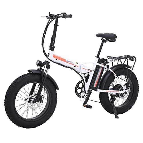 Electric Bike : Electric Bikes for Adults Women 500W Fold Electric Bikes 20 Inch Fat Tire Electric Beach Bicycle 48vV15Ah Lithium Battery Ebike (Color : White)