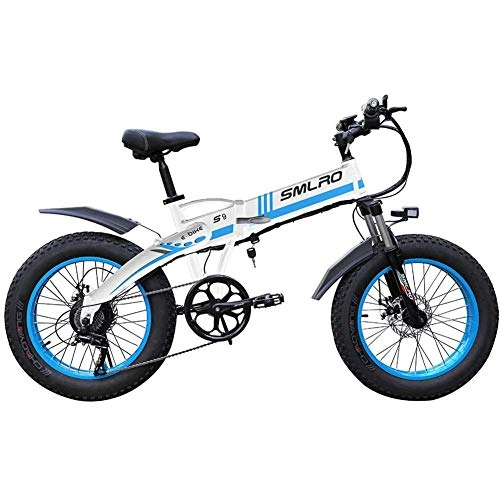 Electric Bike : Electric Fat Tire Bike, 20" 350W Adult Electric Mountain Bike, with Removable 48V 8Ah Lithium-Ion Battery, Professional 7 Speed Gears-Blue and white