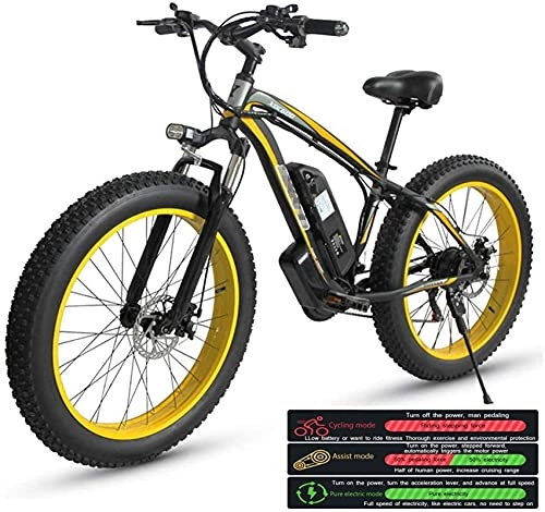 Electric Bike : Electric Mountain Bike for Adults, Electric Bike Three Working Modes, 26" Fat Tire MTB 21 Speed Gear Commute / Offroad Electric Bicycle for Men Women (Color : Yellow)