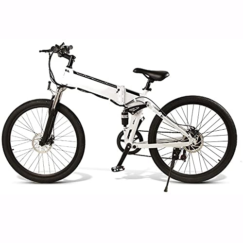 Electric Bike : Electric Mountain Bike, Portable Electric Bikes, Adults 26" Wheel Folding Ebike, 350W Aluminum Electric Bicycle, Removable 48V 10Ah Lithium-Ion Battery 21 Speed Gears, White