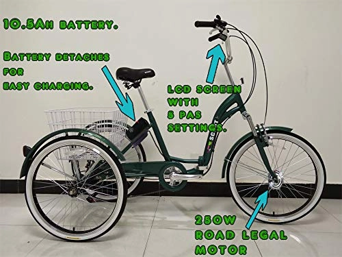 Electric Bike : Electric tricycle, folding frame, 250w motor, pedal assist, alloy frame, electric trike (Green)