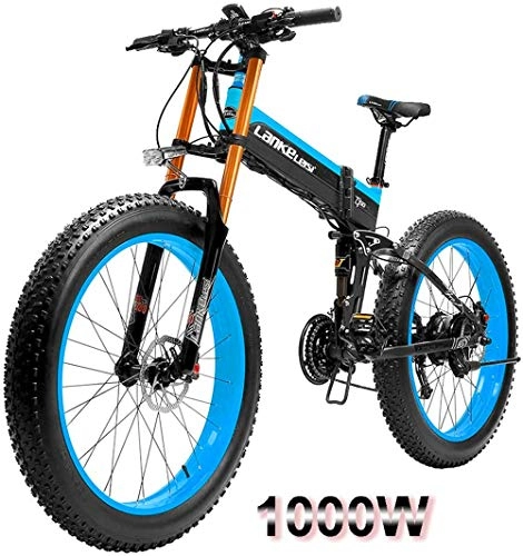 Electric Bike : Fangfang Electric Bikes, 1000W 26 Inch Fat Tire Electric Bicycle Mountain Beach Snow Bike for Adults EBike with Removable 48V14.5A Lithium Battery, E-Bike (Color : Blue, Size : 1000W)