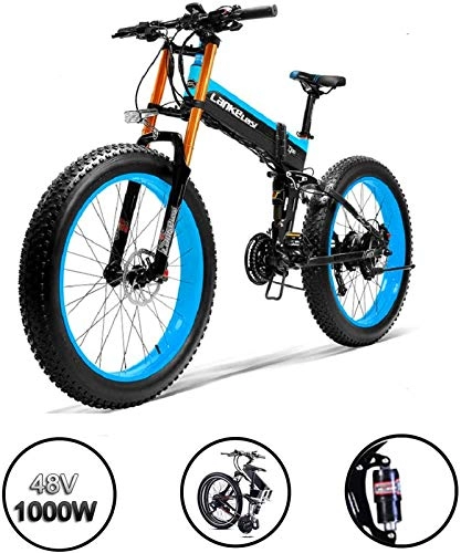 Electric Bike : Fangfang Electric Bikes, 1000W Foldable Fat Tire Electric Bike- 14.5AH / 48V Lithium Battery MTB Dirtbike 27 Speeds Electric Bicycle 26 Inch E-bike Sports Mountain Bike, E-Bike (Color : Blue)
