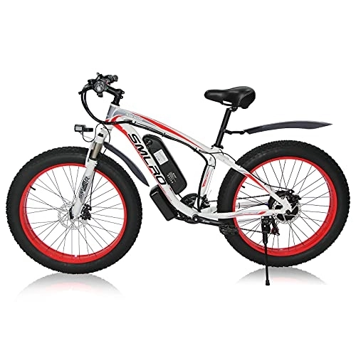 Electric Bike : Fat Tire Electric Bike for Adults Men 26 inch Mountain Bike Removable Battery Waterproof 48V 13A Shimano 21 Speed Transmission Gears E Bikes Double Disc Brake (white red-350-13)