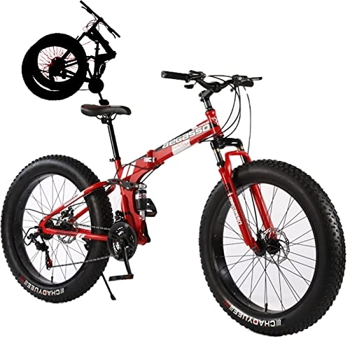 Electric Bike : Fat Tires Folding Bike for Adults Mountain Bicycle Removable Adult Mountain Snow Beach Electric Bike with Suspension Fork 21 Speed Gears High Carbon Steel Frame, Red, 26inch