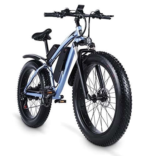 Electric Bike : FMOPQ 1000w 26 Inches Fat Tire Bike 25 Mph 21-Speed Electric Bicycle 48v17ah Lithium Battery E Bike Electric Mountain Bike (Color : Black) (Blue)