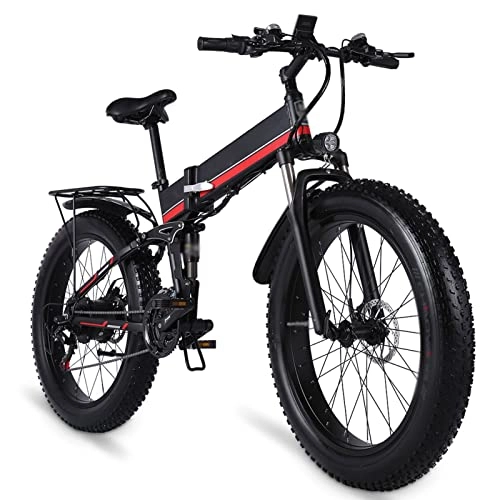 Electric Bike : Foldable Electric Bike For Adults 1000W Snow Bike Electric Bike Folding Ebike 48V12Ah Electric Bicycle 4.0 Fat Tire E Bike (Color : Red)