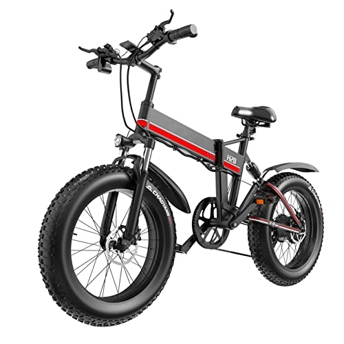 Electric Bike : Foldable Electric Bike for Adults 300 Lbs 30Mph Folding Electric Bicycle 1000W 48V Motor 20 Inch Fat Tire Electric Bike (Color : Black Red, Speed shift : 7 speed)