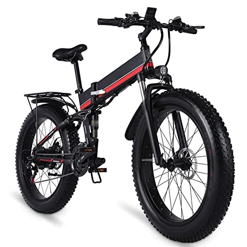 Electric Bike : Foldable Electric Mountain Bike 1000W Ebikes for Adults 26 inch Electric Bikes, with 48V 12.8Ah Removable Lithium Battery, 21 Speed Gears 31 Mph Electric Bicycles for Men (Color : Red)