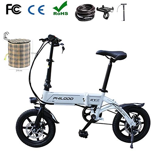 Electric Bike : Foldable Smart Electric Mountain Bike 14" Ultralight Citybike Commuter Bike with 36V 7Ah Removable Lithium Battery Disc Brakes password lock Basket Inflator Mobile phone holder Repair tool, White