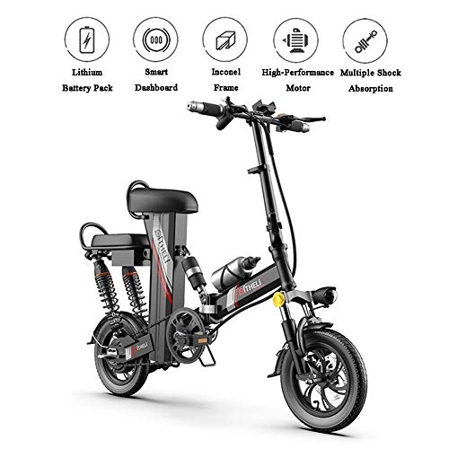 Electric Bike : Folding Electric Bike with Removable Battery & Back Seat - Pedal-Assist E-Bike with Suspension & 14-Inch Tires - 380W Motor, 5 Heavy Shock Absorption, 3 Riding Modes Mountain Bicycles