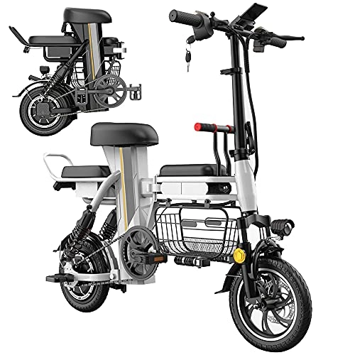 Electric Bike : Folding Electric Bikes for Adults Commuting E-Bike 48V 350W Motor 25-160km Range Removable Lithium Battery Pedal Assist Dual Shock Absorber Three Seat Large Capacity Basket, White, 25km