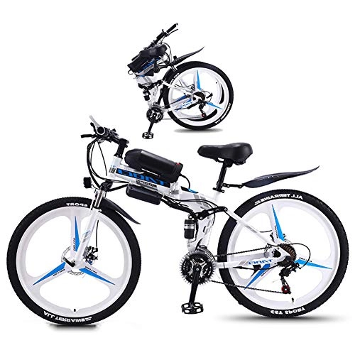 Electric Bike : Folding Electric Mountain Bike 26 Inch Fat Tire Ebike 350W Motor, Full Suspension And 21 Speed Gears with LCD Backlight 3 Riding Modes for Adult And Teens, White