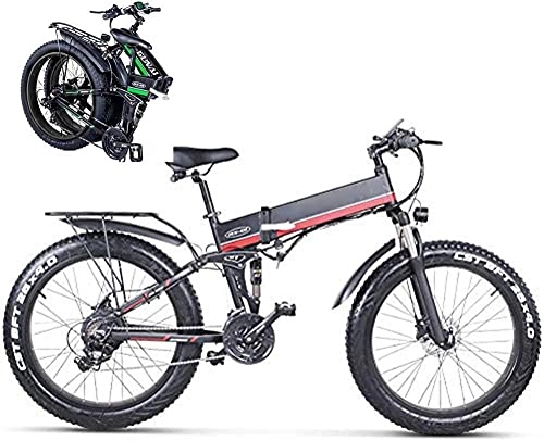 Electric Bike : Folding Electric Mountain Bike for Adults 26Inch E-bike for Adult 48V 1000W High Speed Ebike 12 8 AH Removable Lithium Battery Travel Assisted Electric Bike Fat Tire Fold up Bike-Red Evolutions