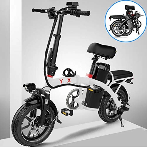 Electric Bike : GUOJIN 14 Inch Folding Power Assist Electric Bicycle, 350W 12Ah Lithium Battery Electric Bike with Front LED Light, White