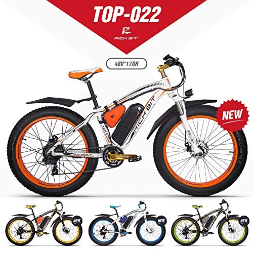 Electric Bike : GUOWEI RICH BIT RT-022 48V 17AH 1000W Fat Tire Snow Bicycle Brushless Motor Beach Mountain Ebike (White-Orange)