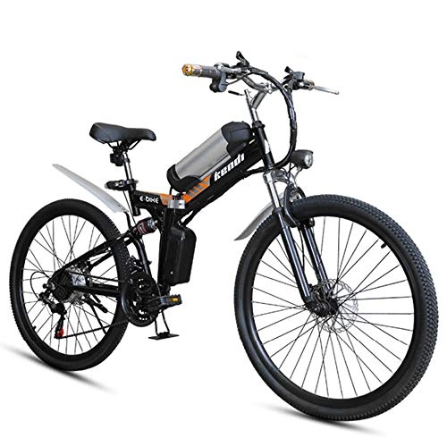 Electric Bike : H＆J Folding electric bicycle, portable electric mountain bike 26 inch high carbon steel frame double disc brake with front LED light hybrid bicycle 36V / 8AH, Black