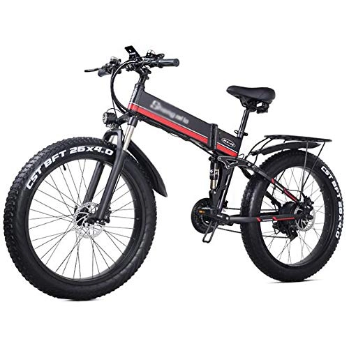 Electric Bike : HARTI Folding Electric Bike, 1000W 48V Foldable Mountain Bike with 26Inch Fat Tire, 21 Speed Lightweight E-Bike with Pedal Assist Hydraulic Disc Brake, Red