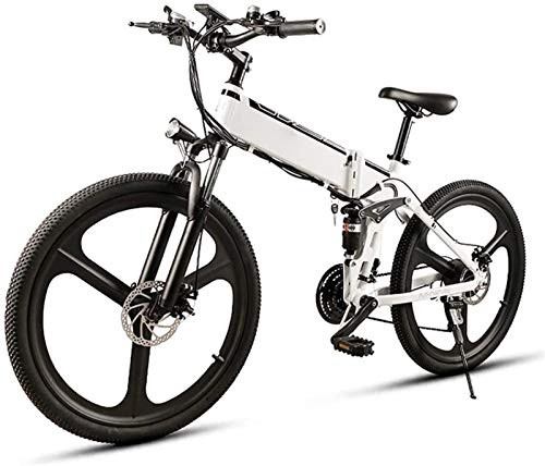 Electric Bike : High-speed 26 in Electric Bike for Adults 350W Folding Mountain E-Bike with 48V10AH Removable Lithium-Ion Battery, Aluminum Alloy Double Suspension Bicycle Maximum Speed 35Km / H ( Color : White )