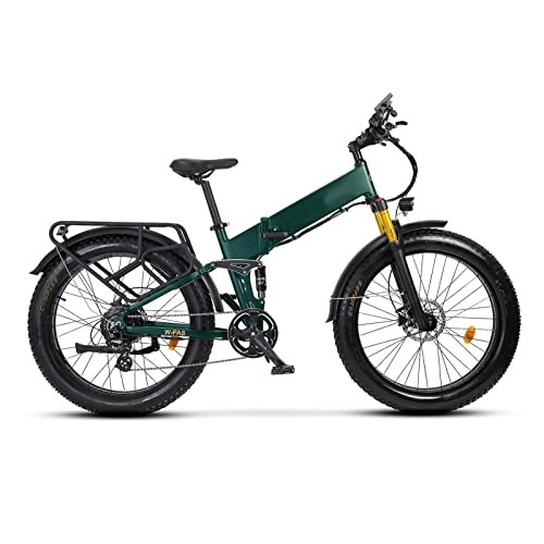 Electric Bike : HMEI EBike Electric Bike for Adults Foldable 26 Inch Fat Tire 750W 48W 14Ah Lithium Battery Ebike Full Suspension Electric Bicycle (Color : Matte Green)