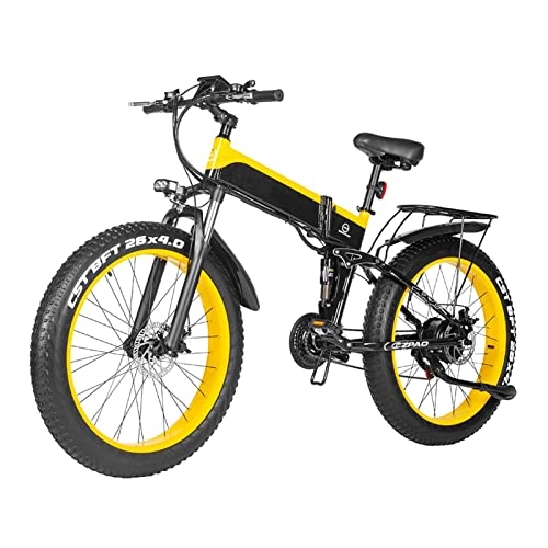 Electric Bike : HMEI Electric Bikes for Adults Foldable Electric Bike 1000W Outdoor Mountain Electric Bicycle for Men 26 Inch Snow 48V Electric Bicycle 4.0 Folded Ebike (Color : Yellow)