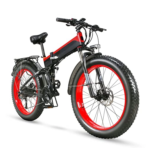Electric Bike : HMEI Electric Bikes for Adults Folding Electric Bikes for Adults 26 Inch Fat Tire 27 Speed Mountain Ebike 1000W Electric Bicycle with 48V 12.8ah Removable Battery (Color : Black Red)