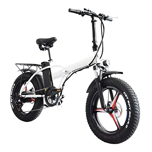 Electric Bike : HMEI Electric Bikes for Adults Folding Electric Bikes for Adults 500W Electric Snow Bicycle Men'S and Women'S 48V 15Ah Lithium Battery 20 Inch 4.0 Tire Ebike (Color : White)