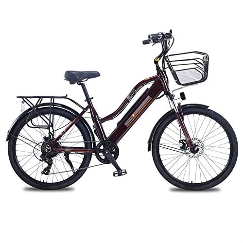 Electric Bike : HMEI Electric Bikes for Adults Women Mountain Electric Bike with Basket 36V 350W 26 Inch Electric Bicycle Aluminum Alloy Electric Bike (Color : Brown, Number of speeds : 7)