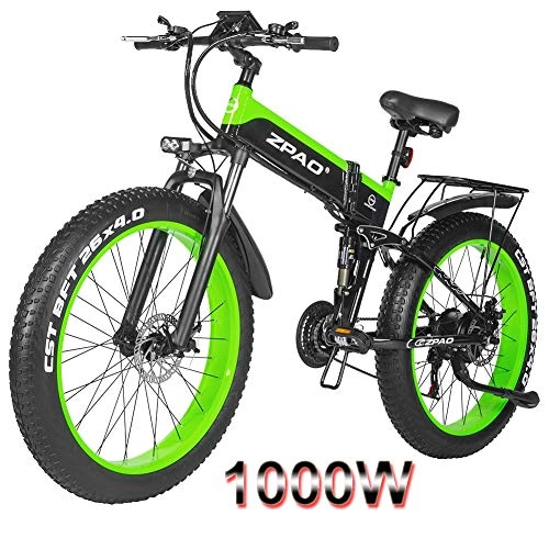 Electric Bike : HOME-MJJ 26x4.0 Fat Tire Electric Bike 1000W Folding Electric Bicycle Electric Bikes Bicicleta Electric Adult Mountain Electrical Bicycles - 48V / 12.8Ah (Color : Green, Size : 48v-12.8ah)