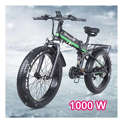 Electric Bike : HOME-MJJ 48V 1000W Electric Bike 12.8AH 26x4.0 Inch Fat Tire 21speed Electric Bikes Foldable For Adult Female / Male for Outdoor Cycling Work Out (Color : Green, Size : 48V-12.8Ah)
