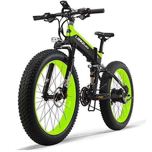 Electric Bike : HOME-MJJ 48V 10AH 500W engine new all-round electric bike 26 '' 4.0 wholesale tire electric bike 27-speed snow mountain folding electric bike adult female / male with anti-theft device (Color : Green)