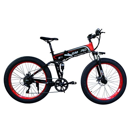 Electric Bike : HWOEK 26 Inches Folding Fat Tire Electric Bike, 350W Motor Adult Electric Mountain Bike Removable 48V / 10Ah Battery 7 Speed Aluminum Frame, black red