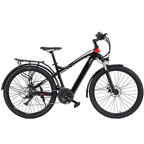 Electric Bike : HWOEK Adults Mountain Electric Bike, 27.5 Inch Travel E-Bike Dual Disc Brakes with Mobile Phone Size LCD Display 27 Speed Removable Battery City Electric Bike, black red, B 9.6AH