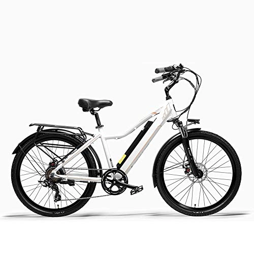 Electric Bike : HWOEK Adults Urban Electric Bike, Dual Disc Brakes 26 Inch Pedal Assist Bicycle Aluminum Alloy Frame Oil Spring Suspension Fork 7 Speed, White, 10.4AH