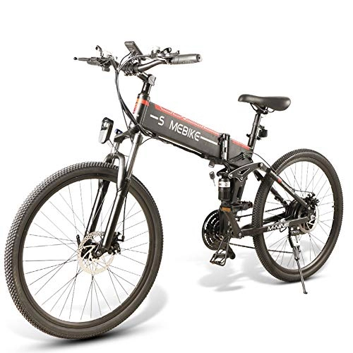 Electric Bike : HWOEK Electric Mountain Bike, 26" City Folding Electric Bike Removable 48V / 10Ah Battery with 7-Speed Suspension Fork Front Suspension Dual Disc Brakes, Black, Spoke wheel