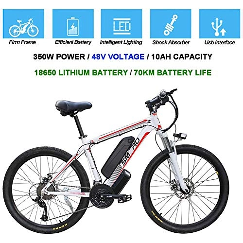 Electric Bike : HWOEK Electric Mountain Bike, 26 Inch City Commute Ebike Removable 48V / 10Ah Battery 21 Speed Gear Dual Disc brakes for Sport Cycling, white red