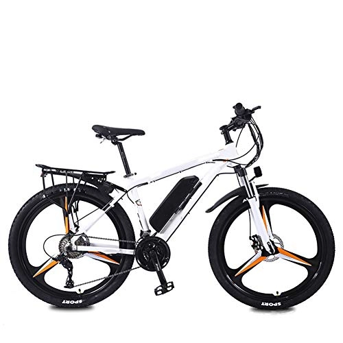 Electric Bike : HWOEK Mountain Travel Electric Bike, Dual Disc Brakes 26 Inch Adults City Commute Ebike 27 Speed Magnesium Alloy Integrated Wheels Removable Battery, White orange, 8AH